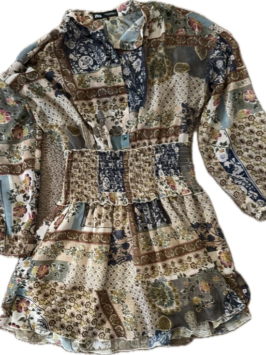 Zara Dresses & Skirts - Zara Patchwork Floral Smocked Waist Dress in Blue, Cream & Brown
